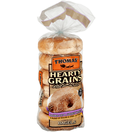 slide 3 of 9, Thomas' Hearty Grains Pre-Sliced Bagels Double Oat & Golden Honey, 6 ct; 28 oz