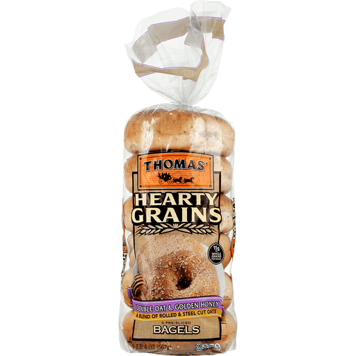 slide 4 of 9, Thomas' Hearty Grains Pre-Sliced Bagels Double Oat & Golden Honey, 6 ct; 28 oz