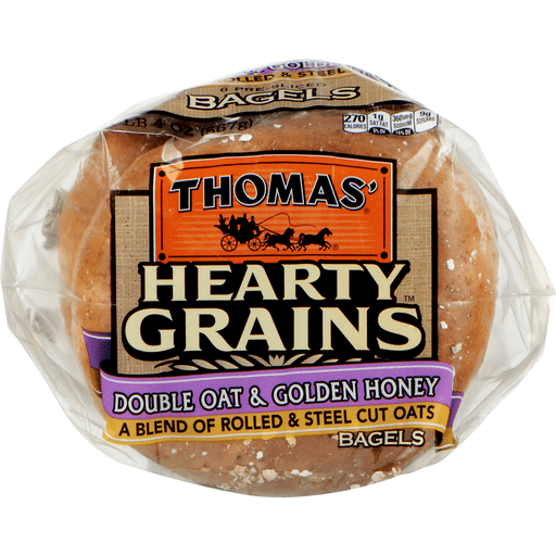 slide 9 of 9, Thomas' Hearty Grains Pre-Sliced Bagels Double Oat & Golden Honey, 6 ct; 28 oz