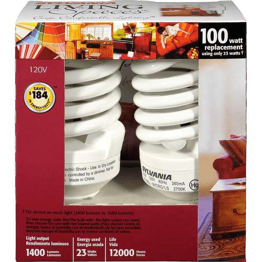 slide 1 of 9, Sylvania Living Spaces Cfl Light Bulbs, Energy Efficient, Instant-On, 2 ct