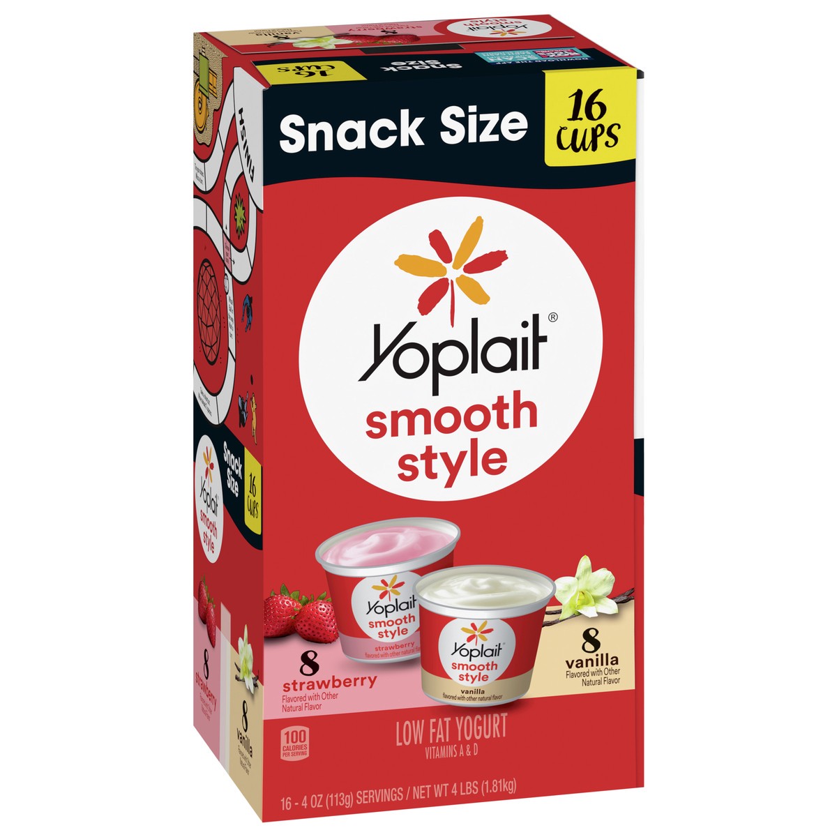 slide 9 of 9, Yoplait Smooth Style Low Fat Yogurt Variety Pack, Strawberry and Vanilla Yogurt Snack Cups, Gluten Free Snacks, 4 LBS, 16 Yogurt Cups, 16 ct; 4 oz