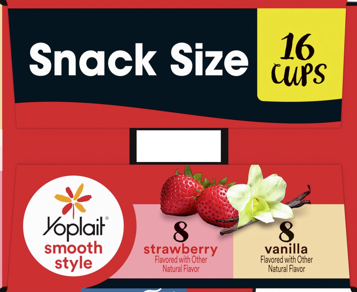 slide 4 of 9, Yoplait Smooth Style Low Fat Yogurt Variety Pack, Strawberry and Vanilla Yogurt Snack Cups, Gluten Free Snacks, 4 LBS, 16 Yogurt Cups, 16 ct; 4 oz