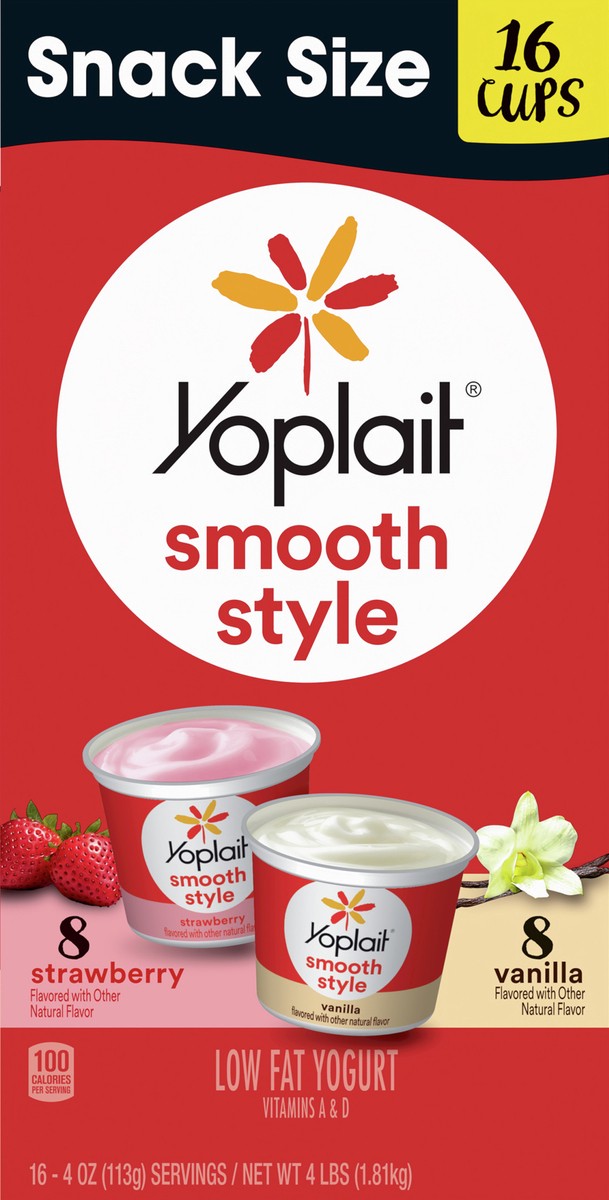 slide 3 of 9, Yoplait Smooth Style Low Fat Yogurt Variety Pack, Strawberry and Vanilla Yogurt Snack Cups, Gluten Free Snacks, 4 LBS, 16 Yogurt Cups, 16 ct; 4 oz