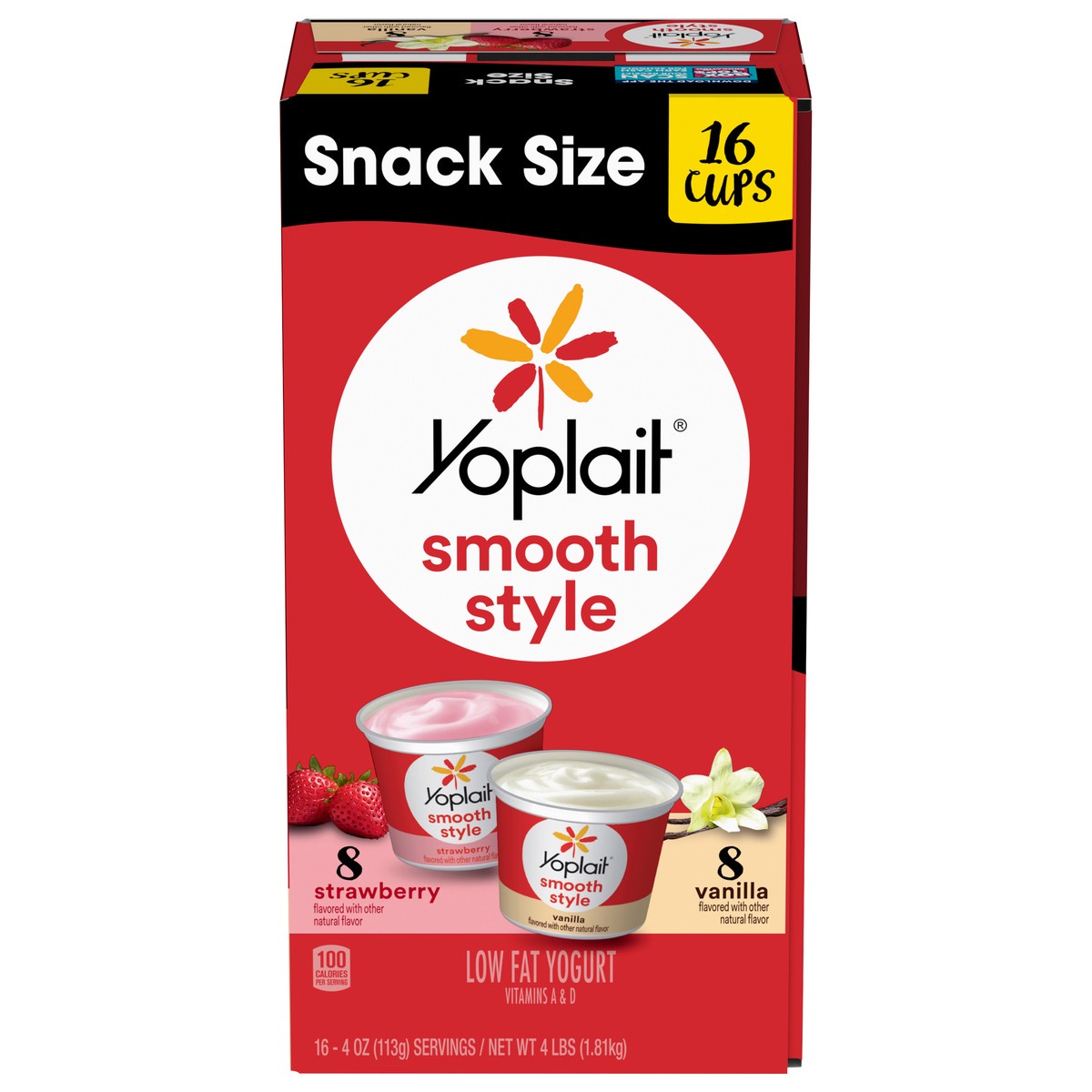 slide 1 of 9, Yoplait Smooth Style Low Fat Yogurt Variety Pack, Strawberry and Vanilla Yogurt Snack Cups, Gluten Free Snacks, 4 LBS, 16 Yogurt Cups, 16 ct; 4 oz