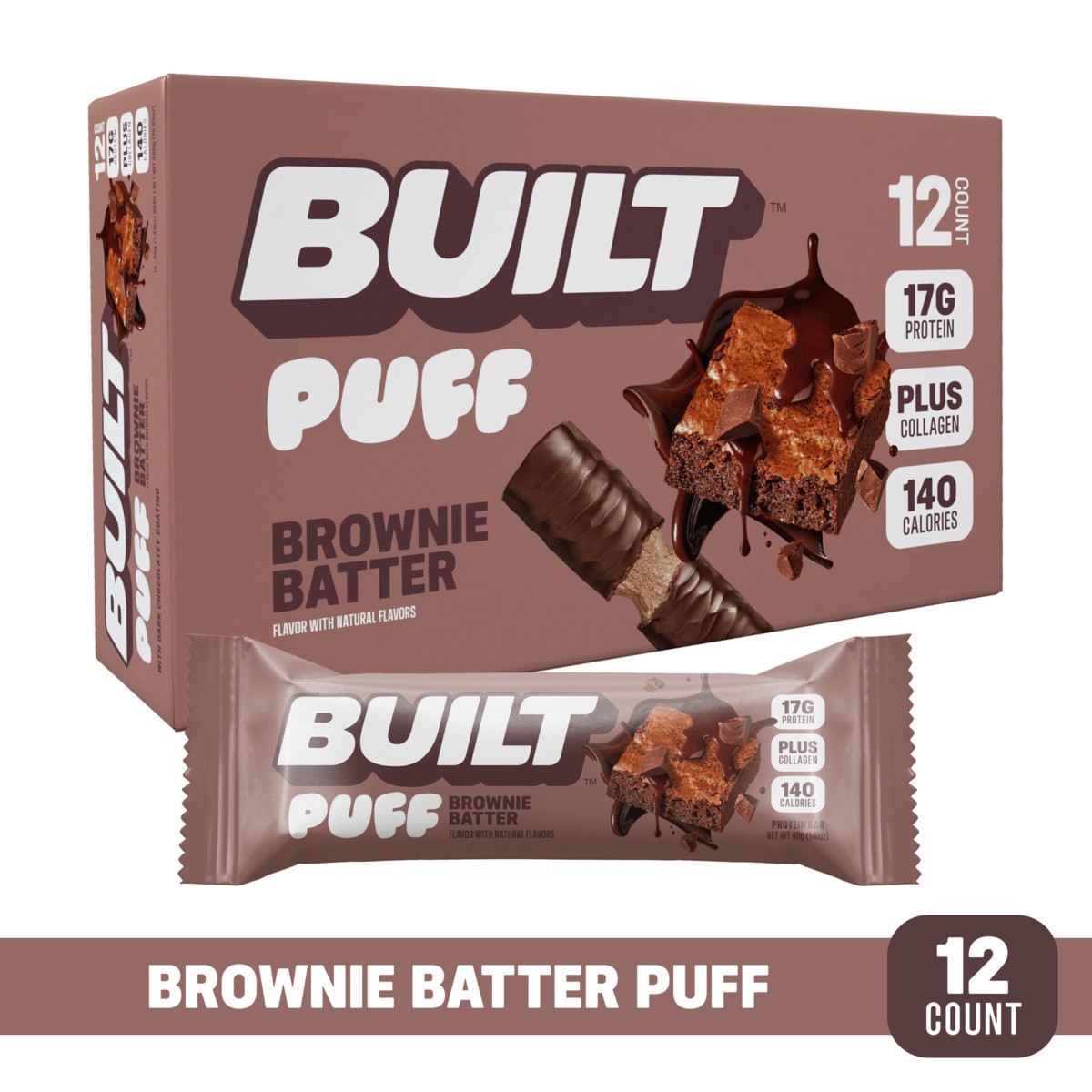 slide 1 of 12, Built Bar BUILT Puff Protein Bars, Brownie Batter, 17g Protein, 140 calories, 12 Count, 1.41 oz Bars, 1.08 lb