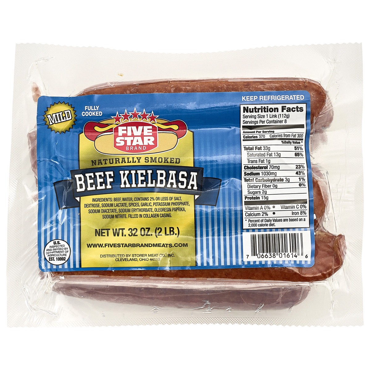 slide 1 of 1, FIVE STAR Brand MILD BEEF KIELBASA package, 32 oz