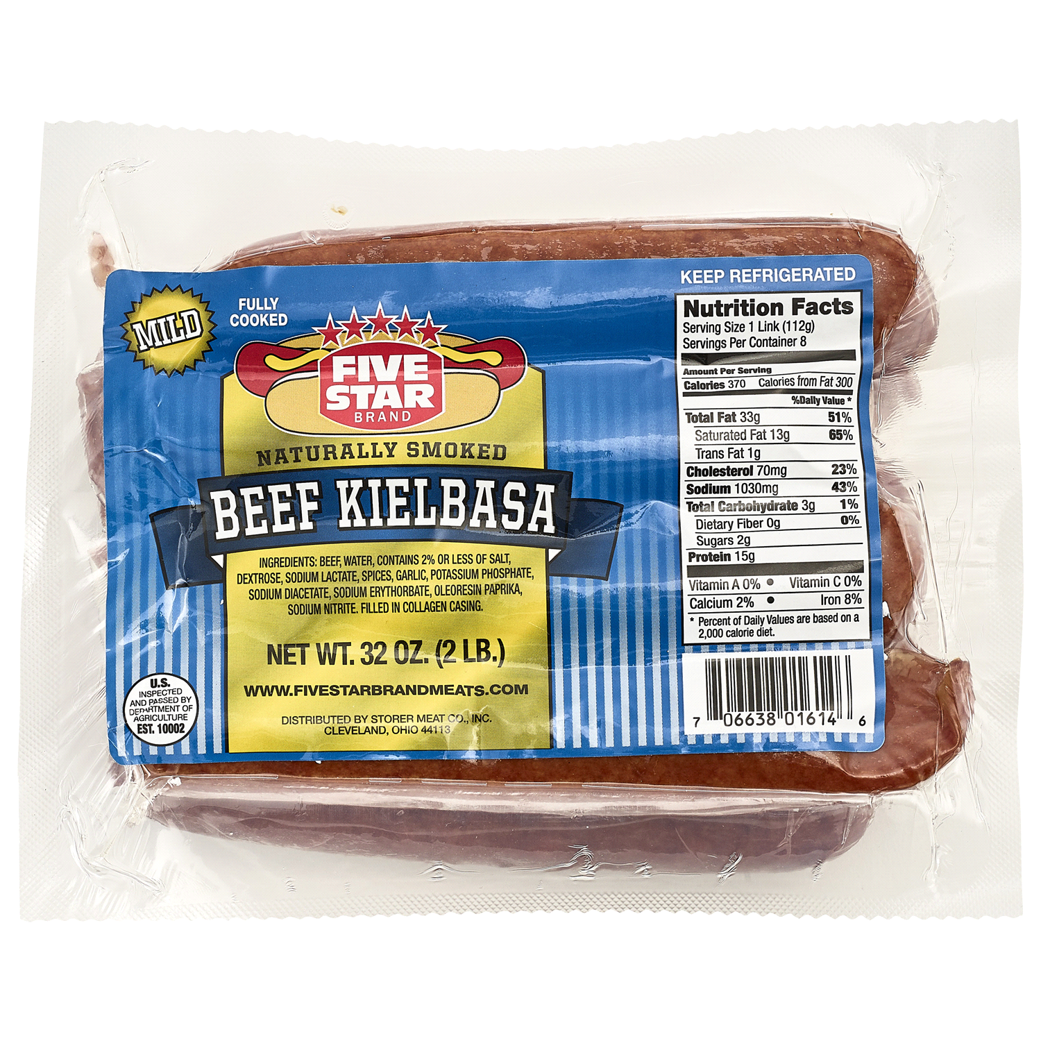slide 1 of 1, Five Star FIVE STAR Brand MILD BEEF KIELBASA 32 oz package, 32 oz