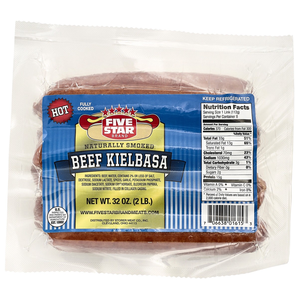 slide 1 of 1, FIVE STAR Brand HOT BEEF KIELBASA package, 32 oz