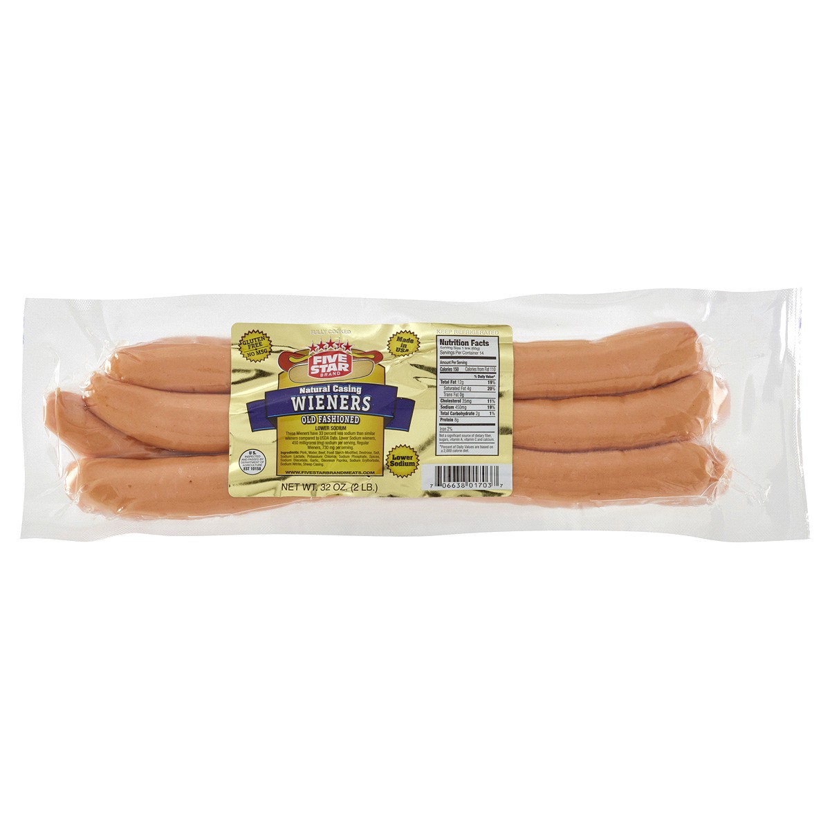 slide 1 of 1, FIVE STAR Brand Natural Casing Lower Sodium Wieners, 32 oz