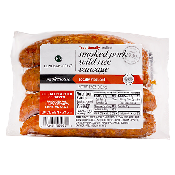 slide 1 of 1, L&B Smoked Pork Wild Rice Sausage, 12 oz