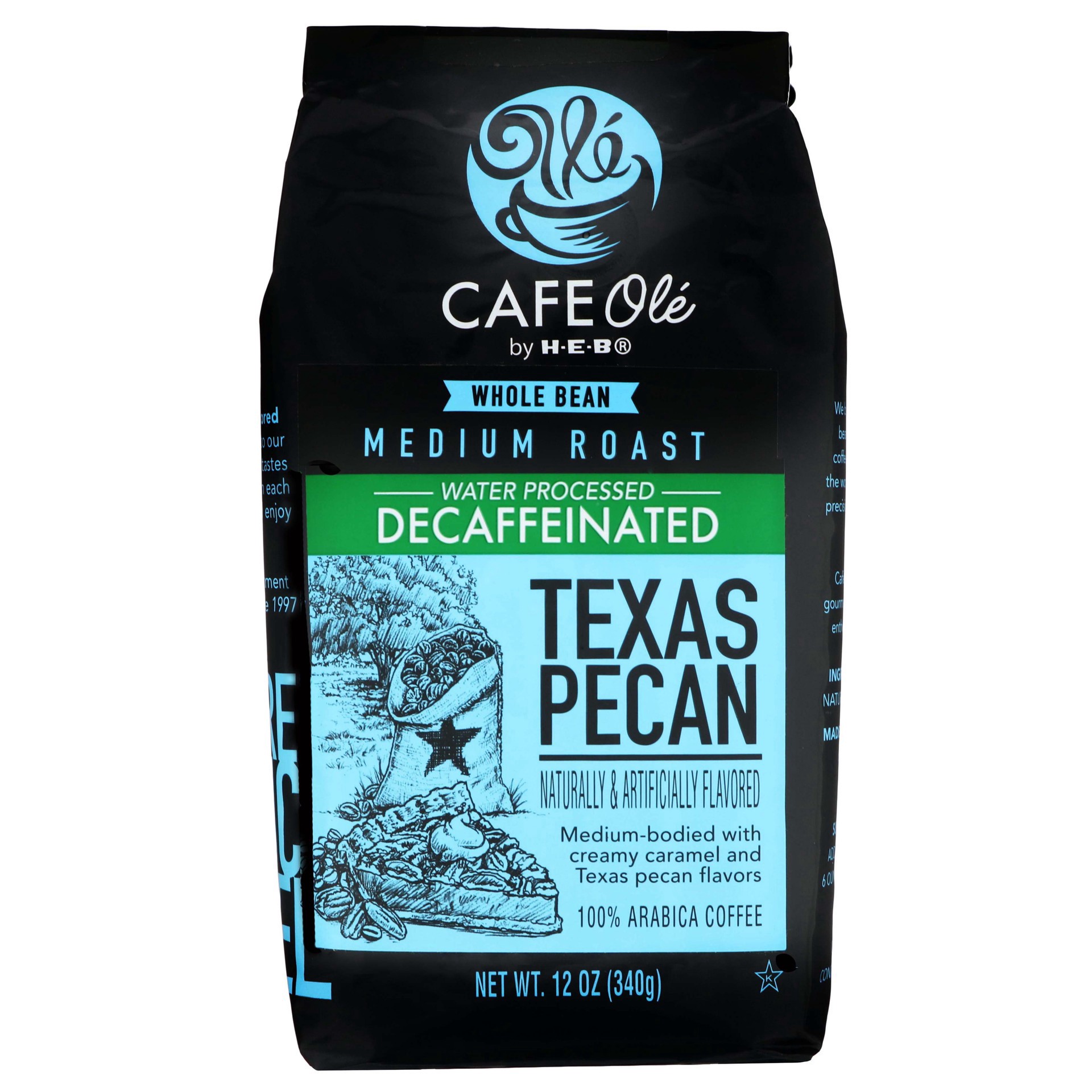 slide 1 of 1, H-E-B Cafe Ole Whole Bean Texas Pecan Decaf Medium Roast Coffee - 12 oz, 12 oz