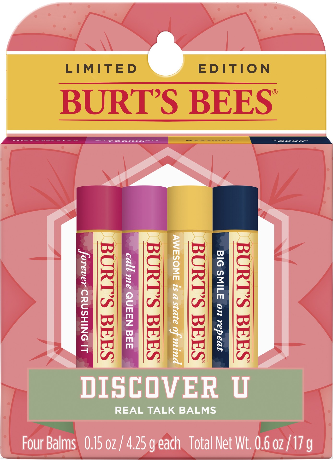 slide 1 of 5, Burt's Bees Discover U Watermelon, Dragonfruit Lemon, Beeswax and Vanilla Bean Lip Balm Pack, Natural Origin Lip Care, 4 Tubes, 0.15 oz., 0.6 oz