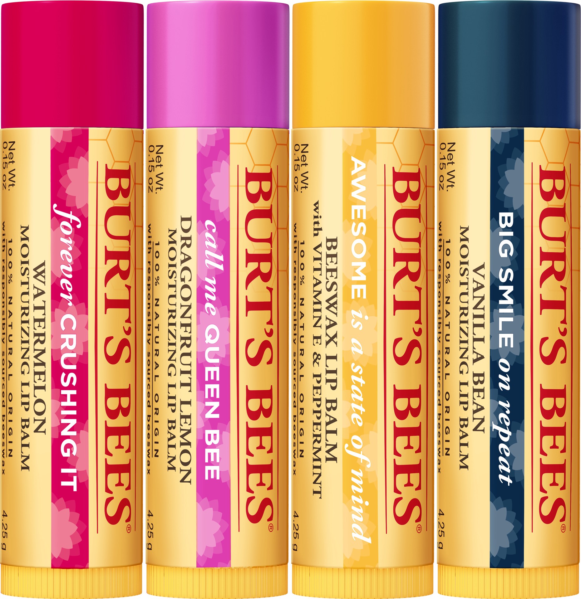 slide 4 of 5, Burt's Bees Discover U Watermelon, Dragonfruit Lemon, Beeswax and Vanilla Bean Lip Balm Pack, Natural Origin Lip Care, 4 Tubes, 0.15 oz., 0.6 oz