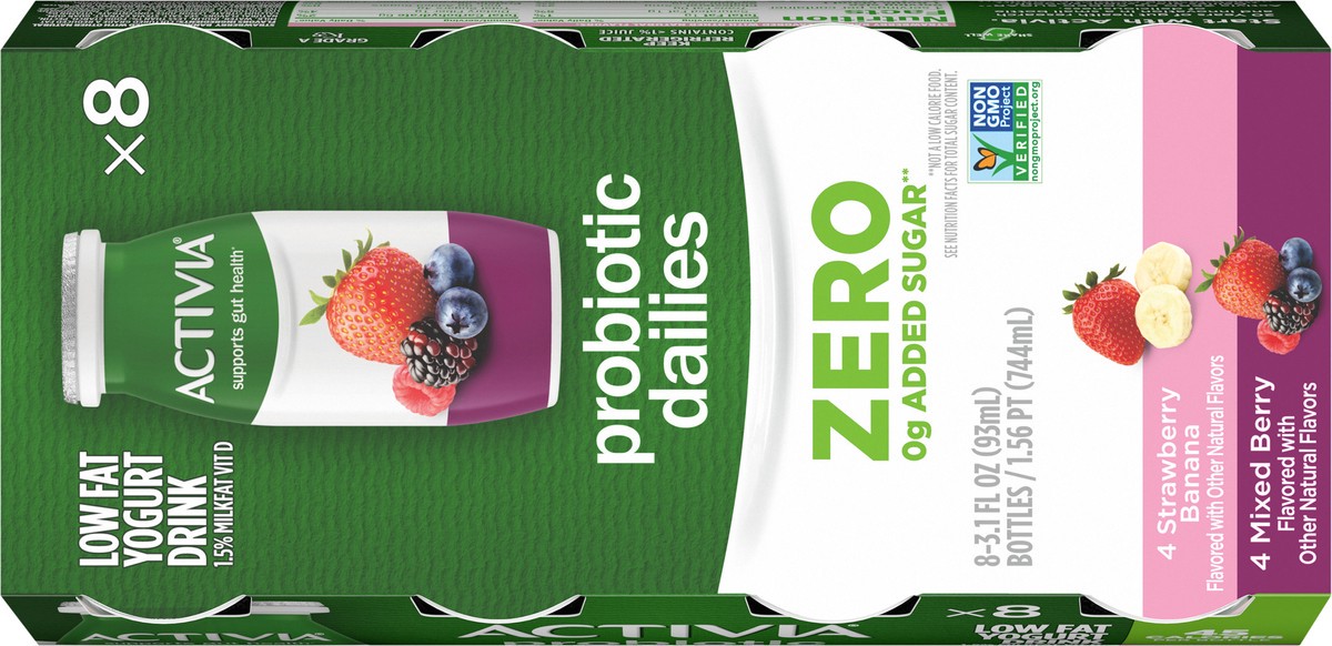 slide 9 of 14, Activia Zero 0g Added Sugar* Strawberry Banana and Mixed Berry Probiotic Dailies, Lowfat Probiotic Yogurt Drinks, Zero 0g Added Sugar, 3.1 FL OZ, 8 Ct, 3.10 fl oz