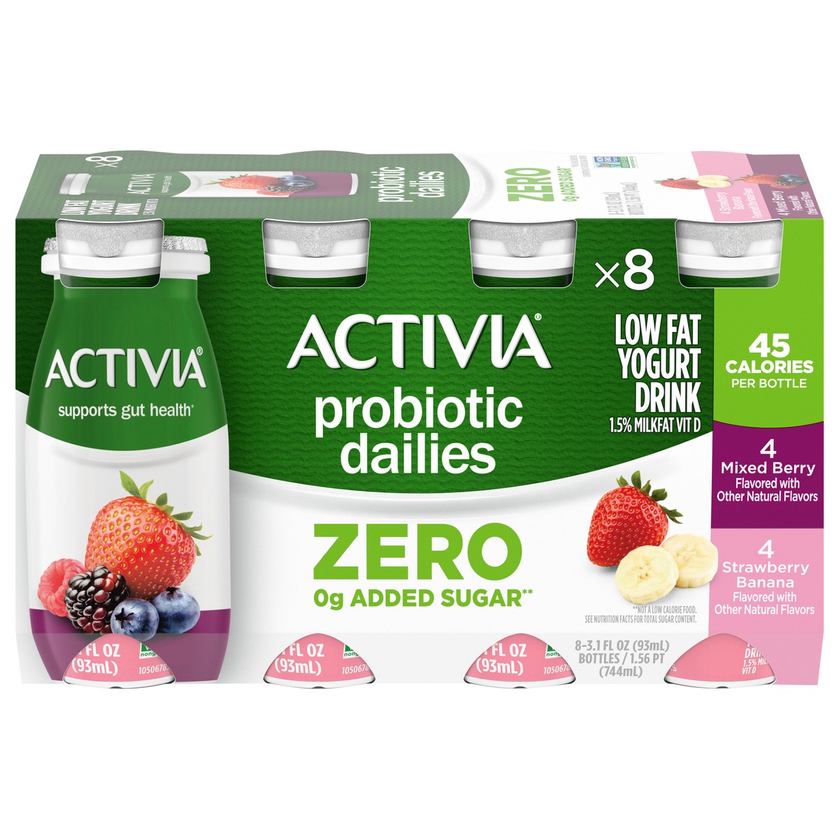 slide 1 of 14, Activia Zero 0g Added Sugar* Strawberry Banana and Mixed Berry Probiotic Dailies, Lowfat Probiotic Yogurt Drinks, Zero 0g Added Sugar, 3.1 FL OZ, 8 Ct, 3.10 fl oz