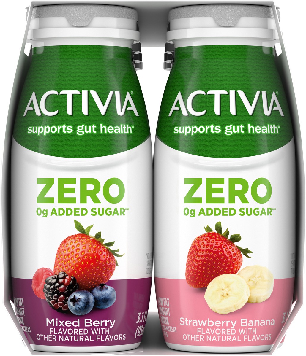 slide 11 of 14, Activia Zero 0g Added Sugar* Strawberry Banana and Mixed Berry Probiotic Dailies, Lowfat Probiotic Yogurt Drinks, Zero 0g Added Sugar, 3.1 FL OZ, 8 Ct, 3.10 fl oz