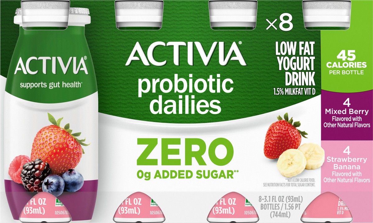 slide 7 of 14, Activia Zero 0g Added Sugar* Strawberry Banana and Mixed Berry Probiotic Dailies, Lowfat Probiotic Yogurt Drinks, Zero 0g Added Sugar, 3.1 FL OZ, 8 Ct, 3.10 fl oz