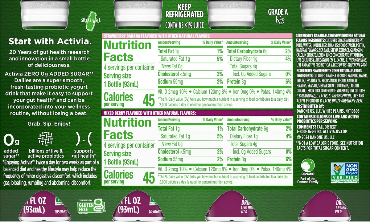 slide 13 of 14, Activia Zero 0g Added Sugar* Strawberry Banana and Mixed Berry Probiotic Dailies, Lowfat Probiotic Yogurt Drinks, Zero 0g Added Sugar, 3.1 FL OZ, 8 Ct, 3.10 fl oz