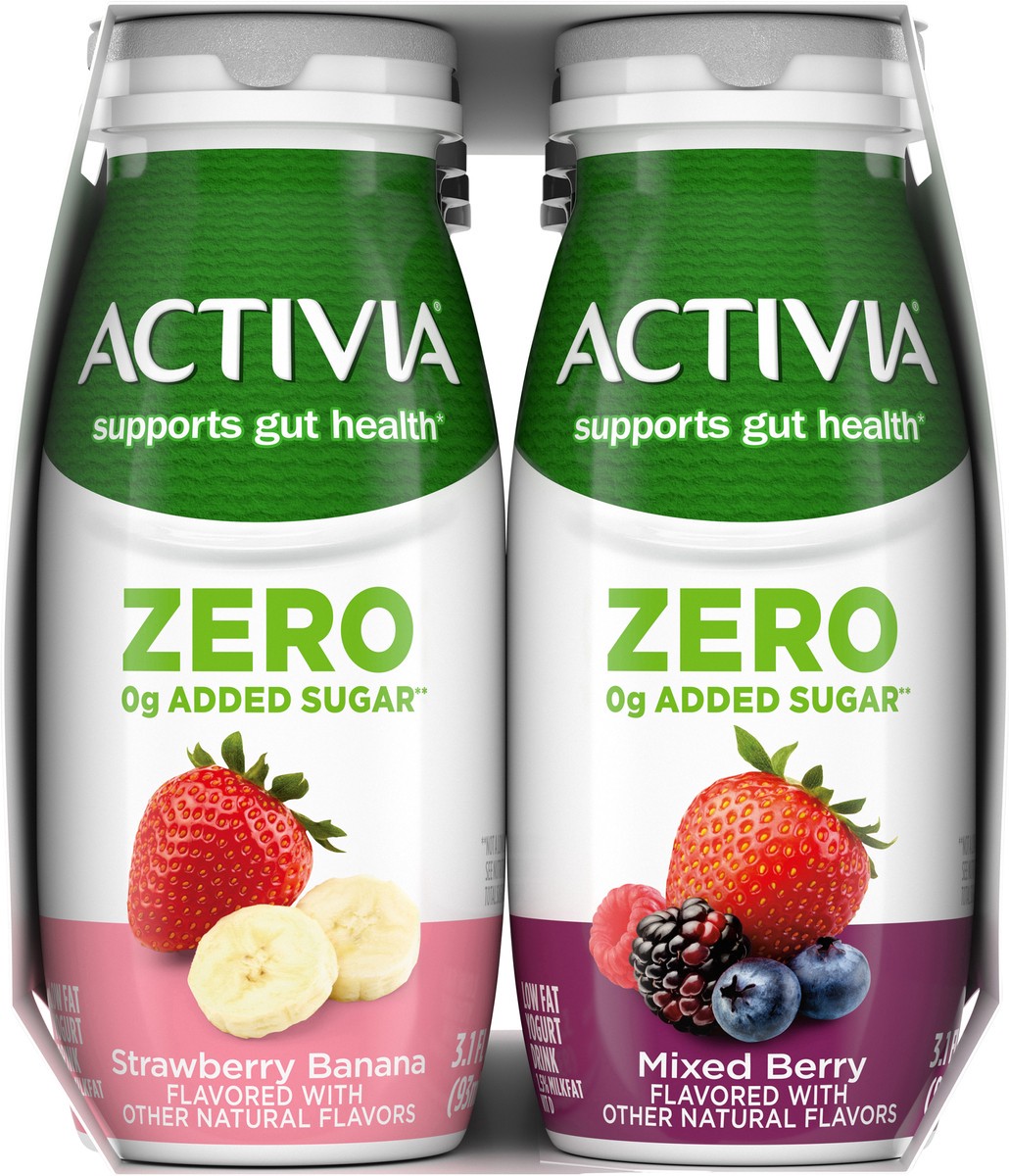 slide 12 of 14, Activia Zero 0g Added Sugar* Strawberry Banana and Mixed Berry Probiotic Dailies, Lowfat Probiotic Yogurt Drinks, Zero 0g Added Sugar, 3.1 FL OZ, 8 Ct, 3.10 fl oz