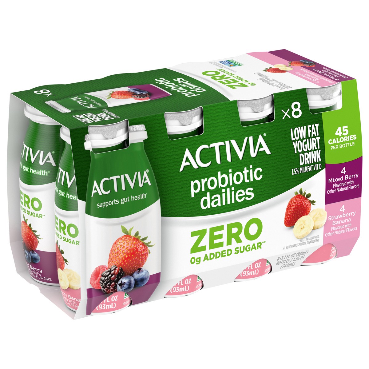 slide 8 of 14, Activia Zero 0g Added Sugar* Strawberry Banana and Mixed Berry Probiotic Dailies, Lowfat Probiotic Yogurt Drinks, Zero 0g Added Sugar, 3.1 FL OZ, 8 Ct, 3.10 fl oz