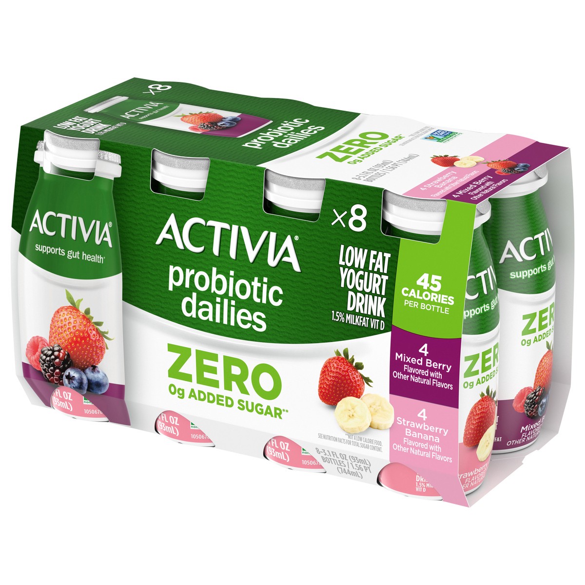 slide 5 of 14, Activia Zero 0g Added Sugar* Strawberry Banana and Mixed Berry Probiotic Dailies, Lowfat Probiotic Yogurt Drinks, Zero 0g Added Sugar, 3.1 FL OZ, 8 Ct, 3.10 fl oz