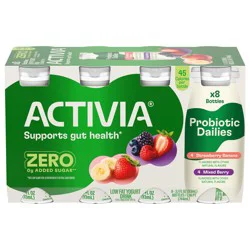 Activia ZERO 0g Added Sugar Strawberry Banana and Mixed Berry Probiotic Dailies, Low Fat Probiotic Yogurt Drinks, 3.1 FL OZ, 8 Ct