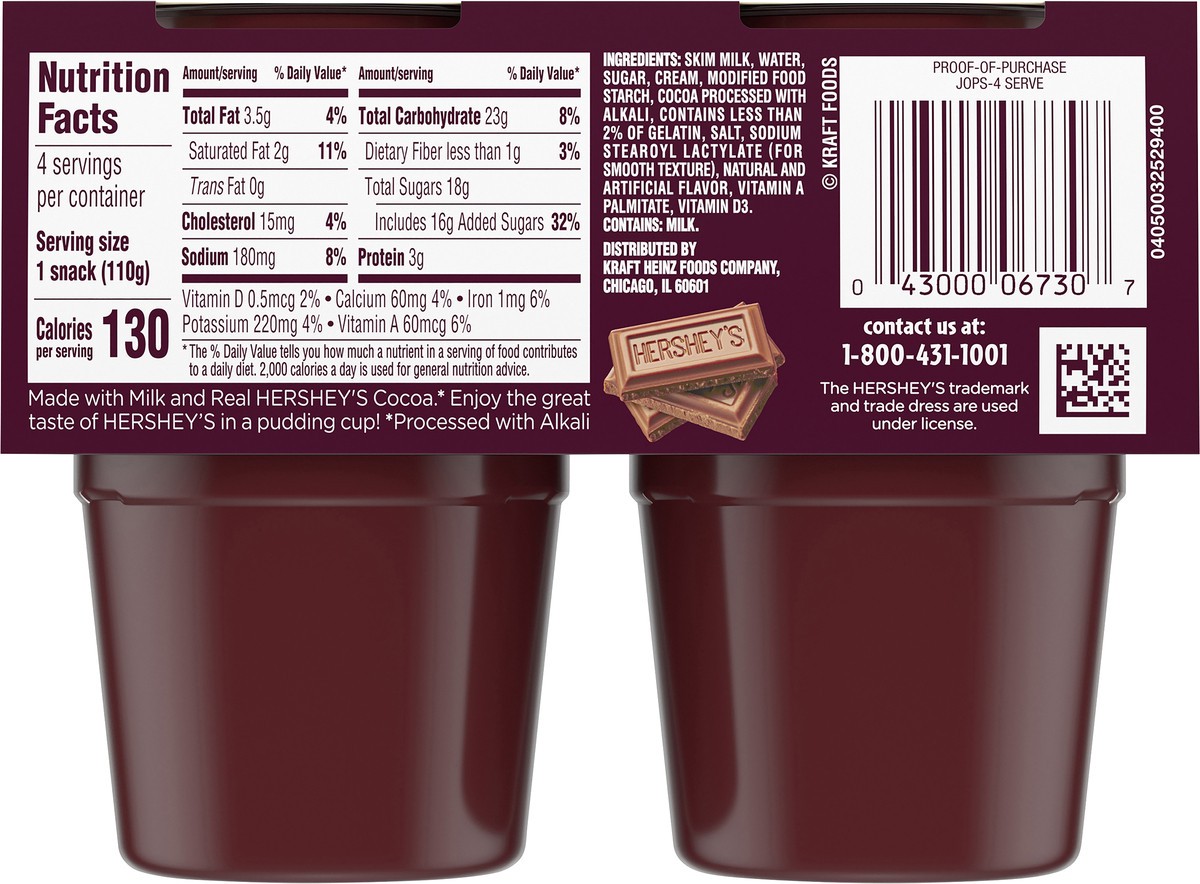 slide 7 of 9, Hershey's Chocolate Ready-to-Eat Pudding Cups Snack with Milk & Real Cocoa, 4 ct Cups, 