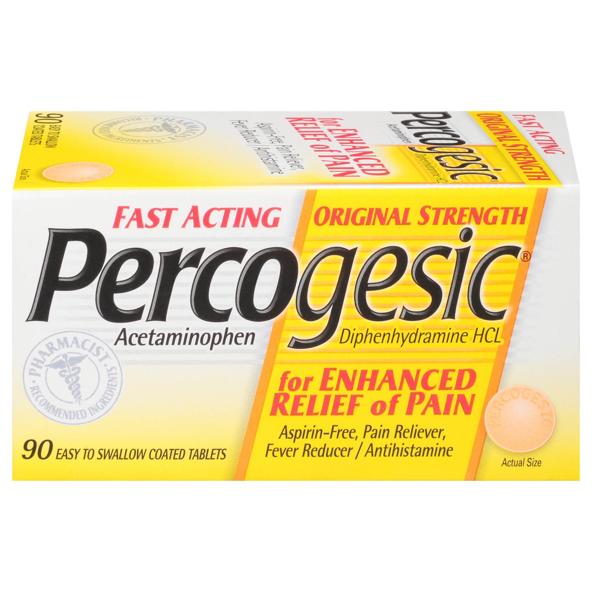 slide 1 of 1, Percogesic Original Strength Pain Relief, Aspirin Free Fast Acting Relief, 90 Tablets, 90 ct