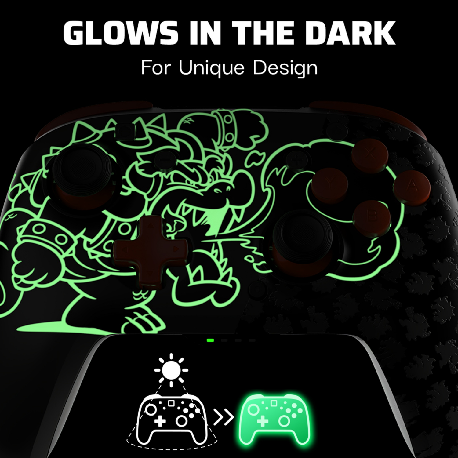 slide 4 of 8, PDP REMATCH GLOW Wireless Controller: Blackout Bowser - Nintendo Switch, Nintendo Switch Lite, and Nintendo Switch - OLED Model, 1 ct