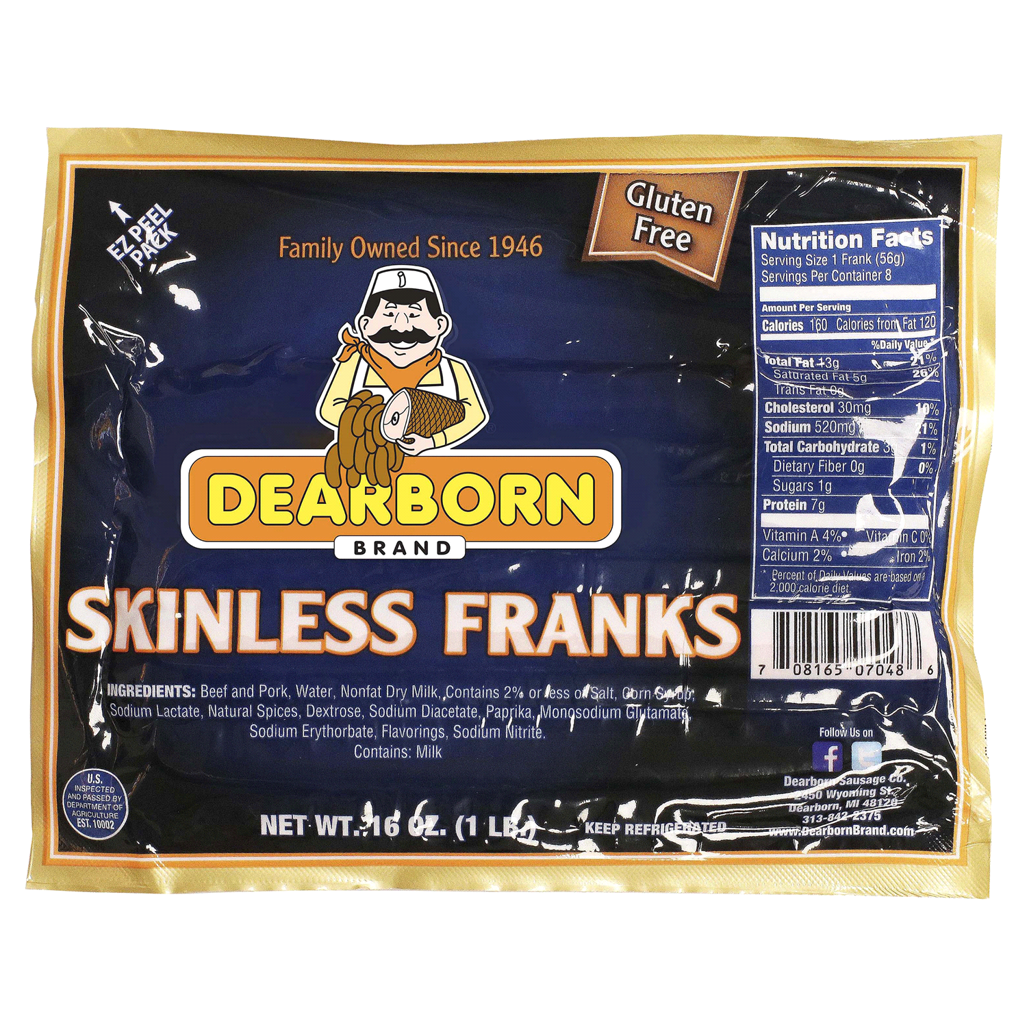 slide 1 of 1, Dearborn Skinless Franks, 8 ct; 16 oz