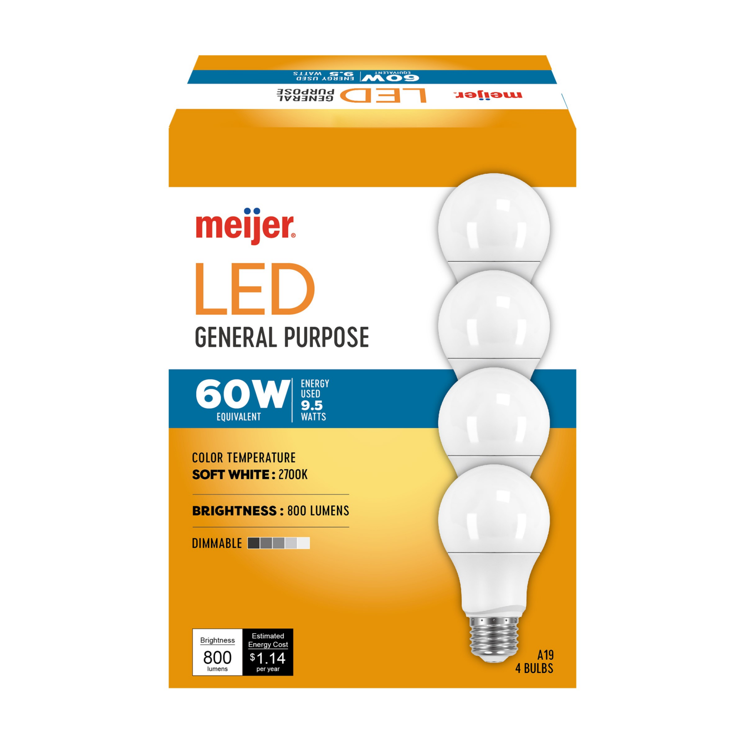 slide 2 of 4, Meijer Led 9.5w A19 Dimmable Light Bulb, Soft White, 60w Equivalent, 4 Ct, 4 ct
