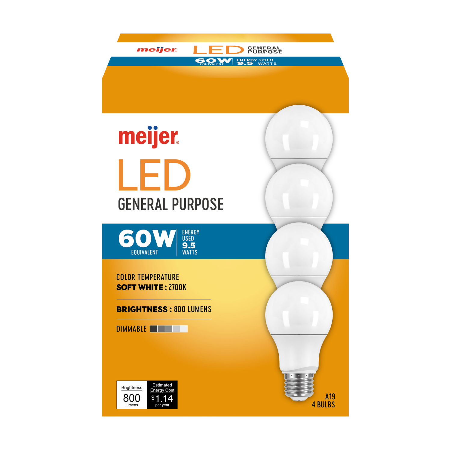 slide 1 of 4, Meijer Led 9.5w A19 Dimmable Light Bulb, Soft White, 60w Equivalent, 4 Ct, 4 ct