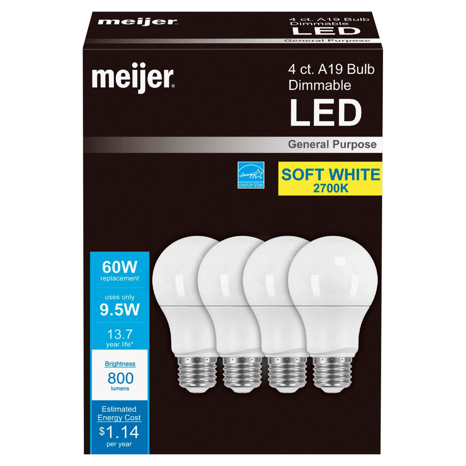 slide 1 of 6, Led 9.5w A19 Dimmable Light Bulb, Soft White, 60w Equivalent, 4 Ct, 4 ct