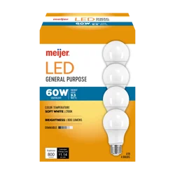 Meijer Led 9.5w A19 Dimmable Light Bulb, Soft White, 60w Equivalent, 4 Ct