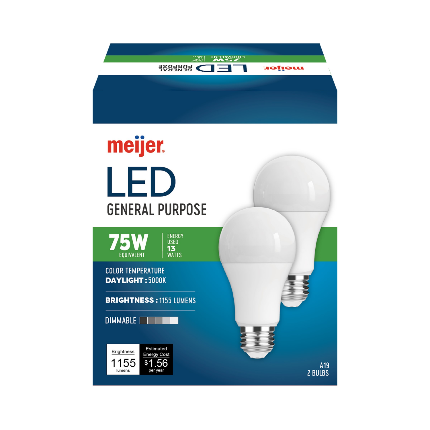 slide 2 of 2, Meijer Led 13w A19 Dimmable Light Bulb, Daylight, 75w Equivalent, 2 Ct, 2 ct