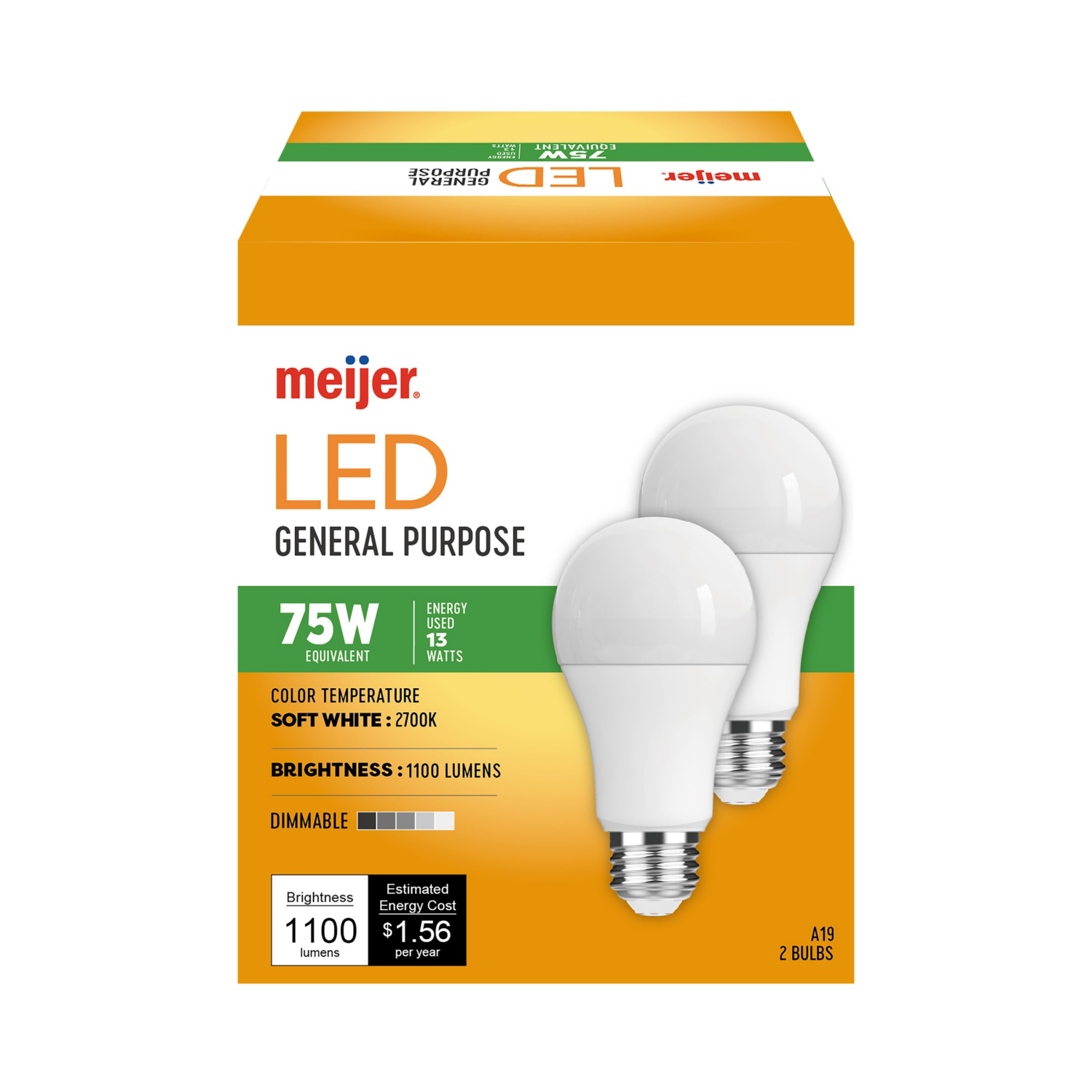 slide 2 of 4, Meijer Dimmable Led 13w A19 Soft White 2700k Light Bulb, 2 Ct, 2 ct