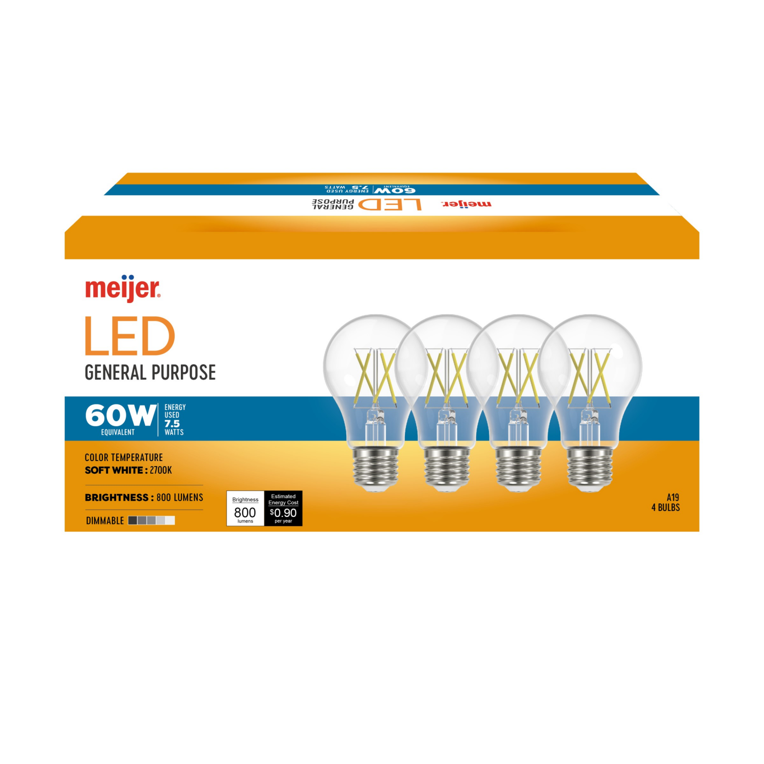 slide 2 of 2, Meijer 60w Equivalent A19 Dimmable Clear Glass Filament Led Light Bulb, 4 Ct, 4 ct