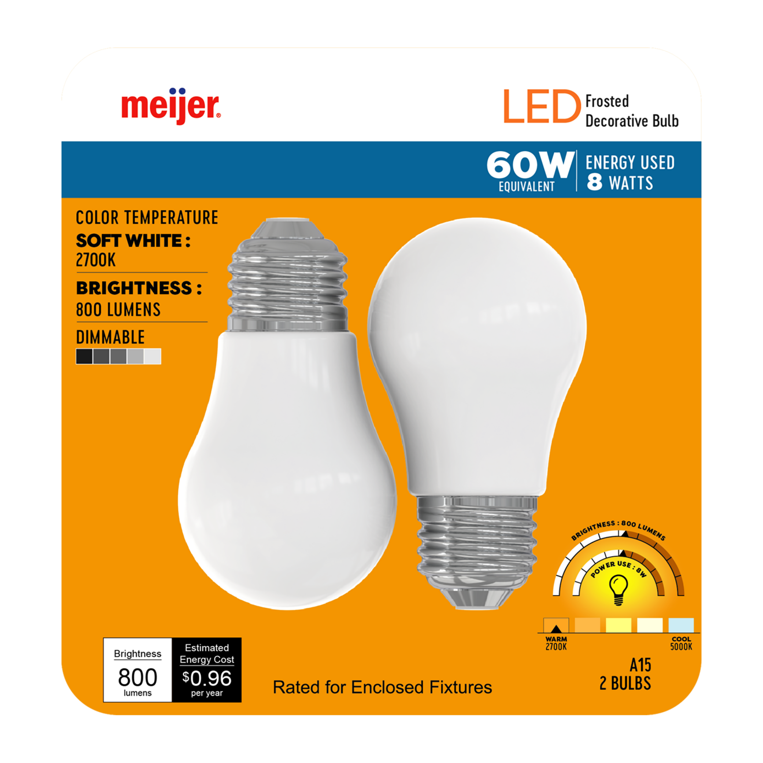 slide 1 of 1, Meijer 60W Equivalent A15 Dimmable Frosted Glass Filament LED Light Bulb, 2 ct, 2 ct