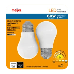 Meijer 60W Equivalent A15 Dimmable Frosted Glass Filament LED Light Bulb, 2 ct