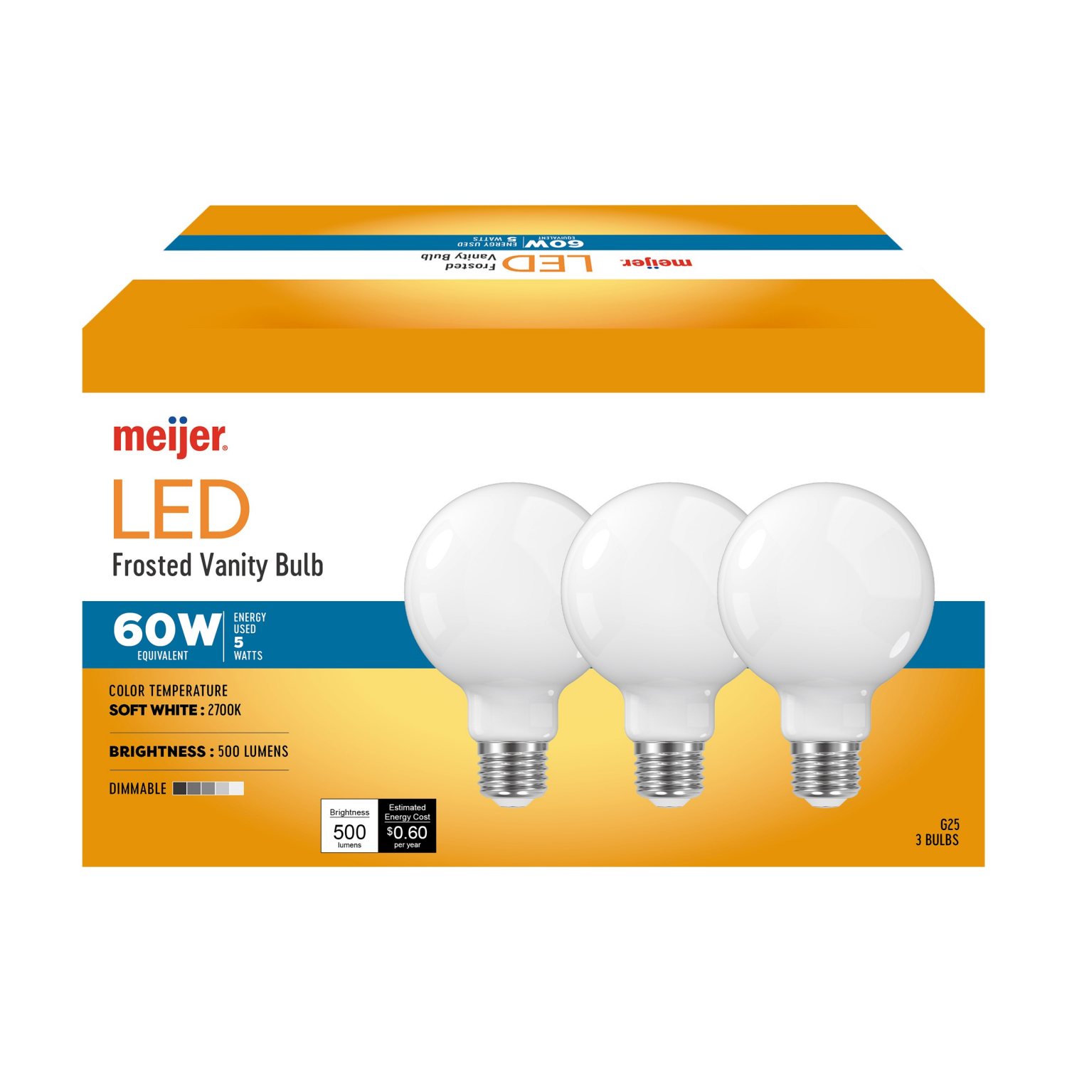 slide 2 of 4, Meijer 60w Equivalent G25 Dimmable Frosted Glass Filament Led Light Bulb, 3 Ct, 3 ct