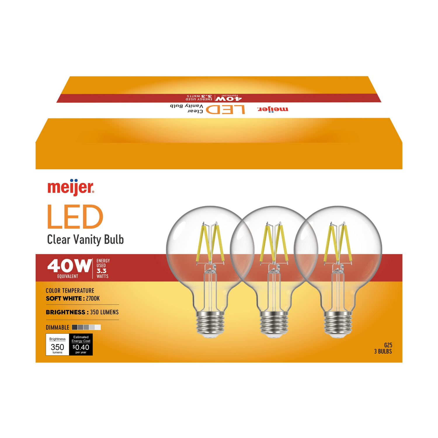 slide 2 of 4, Meijer 40w Equivalent G25 Dimmable Clear Glass Filament Led Light Bulb, 3 Ct, 3 ct