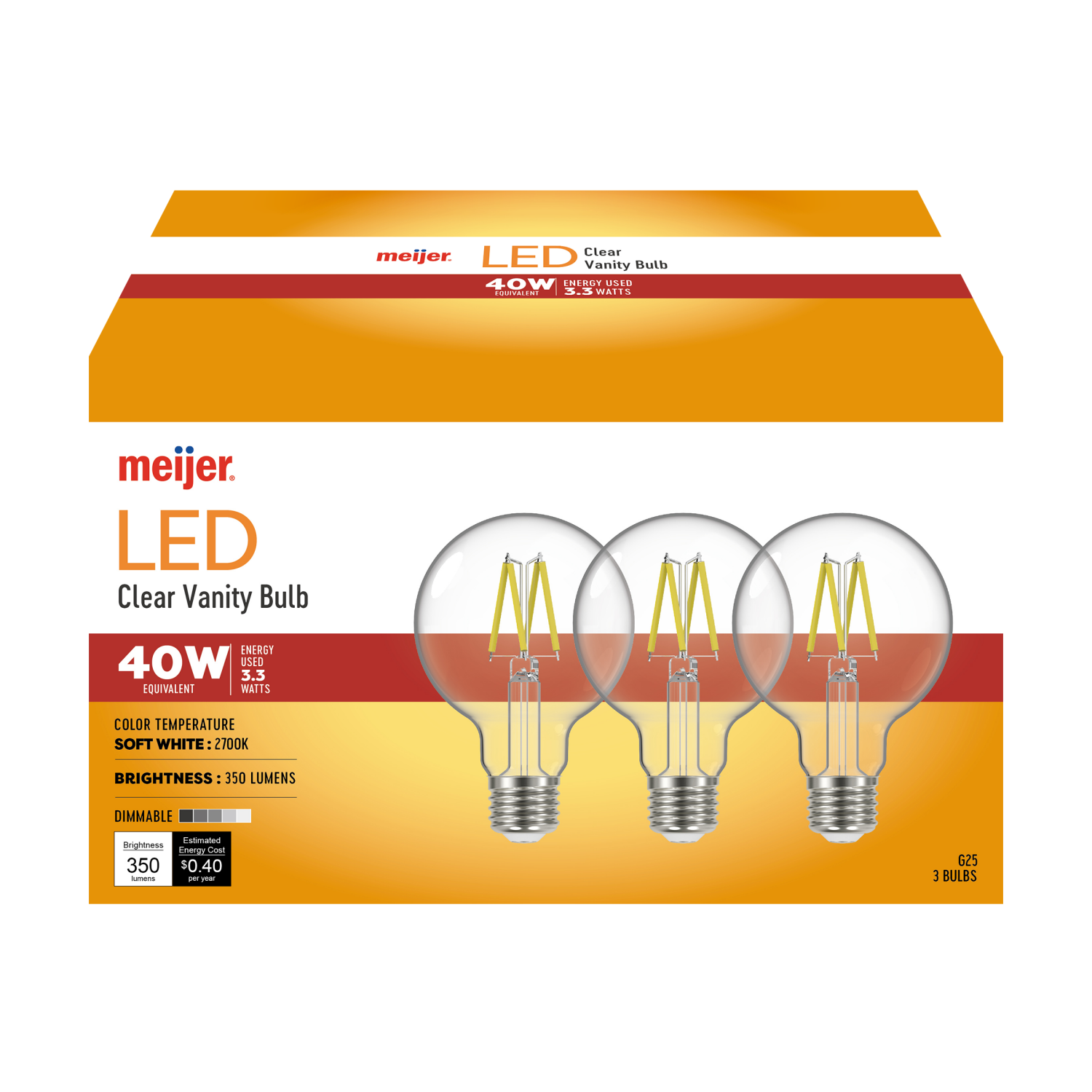 slide 1 of 1, Meijer 40W Equivalent G25 Dimmable Clear Glass Filament LED Light Bulb, 3 ct, 3 ct