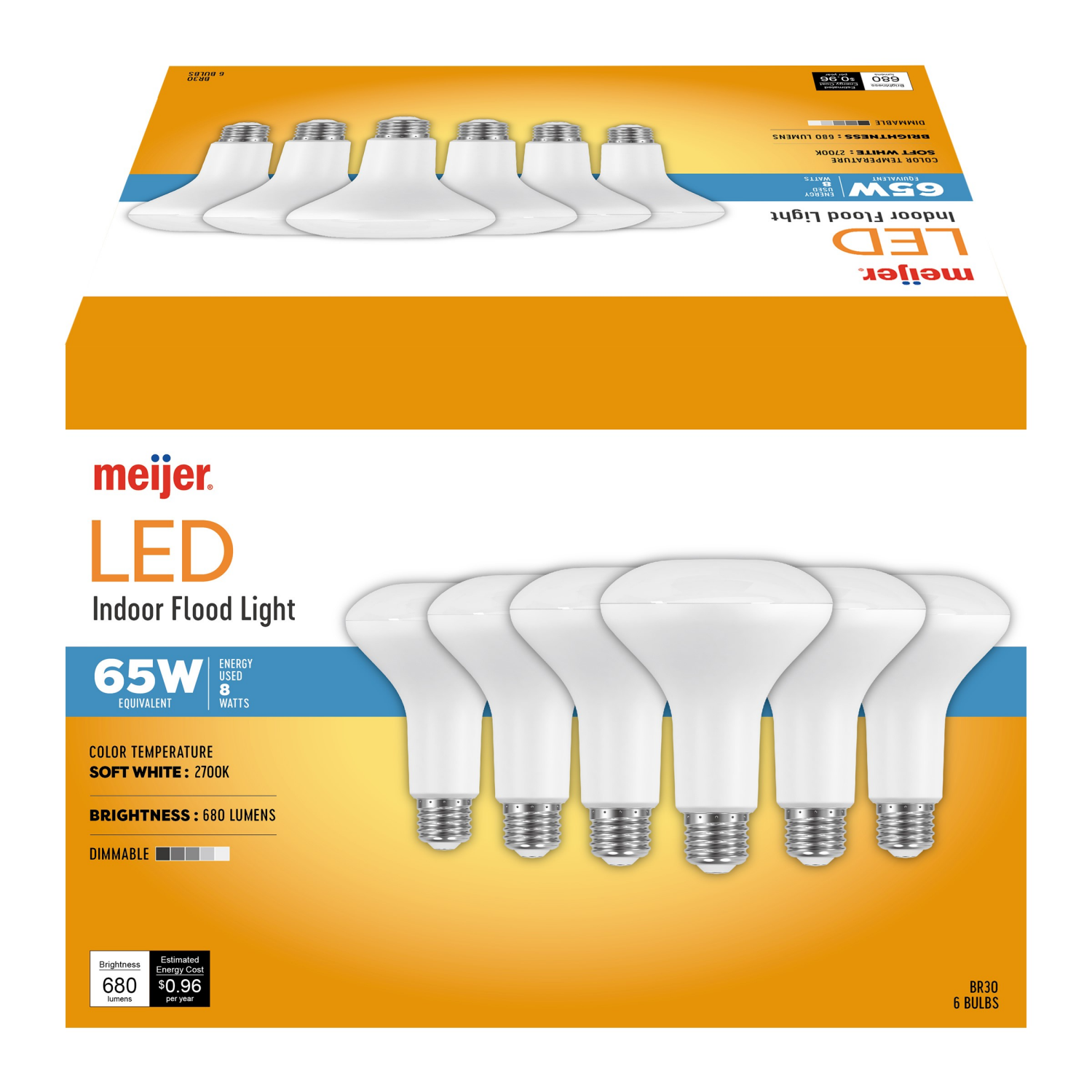 slide 2 of 4, Meijer LED 8.7W BR30 Bulb, ES Indoor Flood Light 65W Dimmable, 6 ct, 6 ct