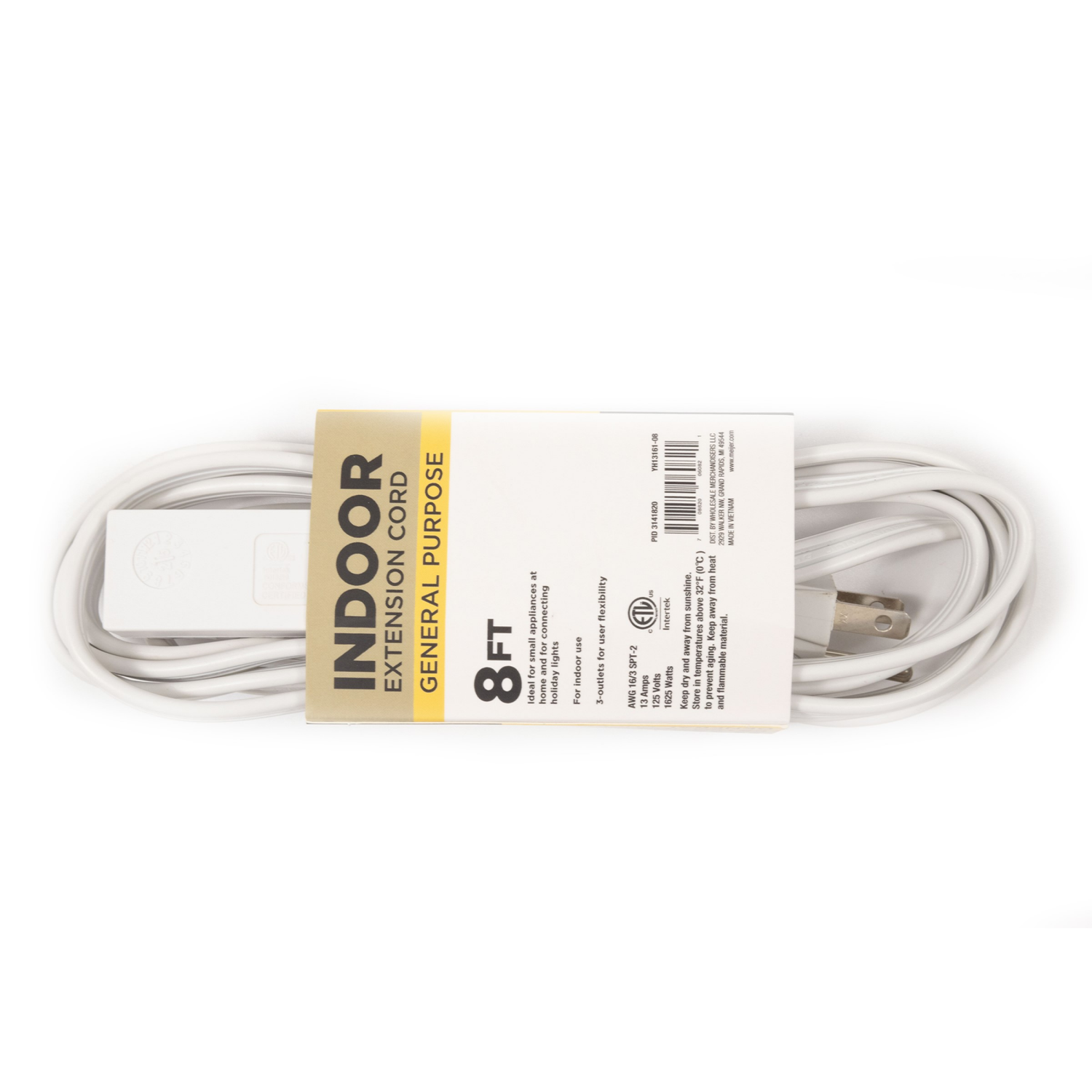 slide 2 of 3, Meijer 3 Outlet Indoor 16/3 Spt-2 Extension Cord White, 8 Ft, 8 ft