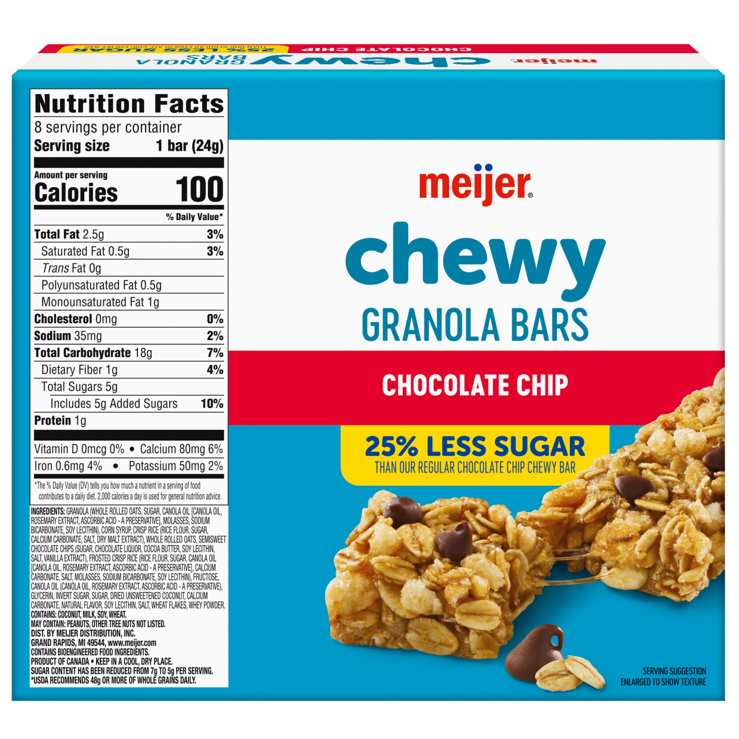 slide 2 of 8, Meijer Reduced Sugar Chocolate Chip Chewy Granola Bars, 8ct, 8 ct