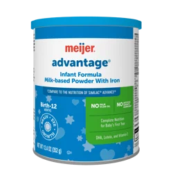 Meijer Advantage Infant Formula Milk-Based Powder with Iron; Complete Nutrition for Growth and Development; DHA, Lutein and Vitamin E; No Artificial Growth Hormones, 12.4OZ