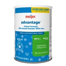 Meijer Advantage Infant Formula Milk-Based Powder With Iron; Complete Nutrition For Growth And Development; Dha, Lutein And Vitamin E; No Artificial Growth Hormones, 33.2oz