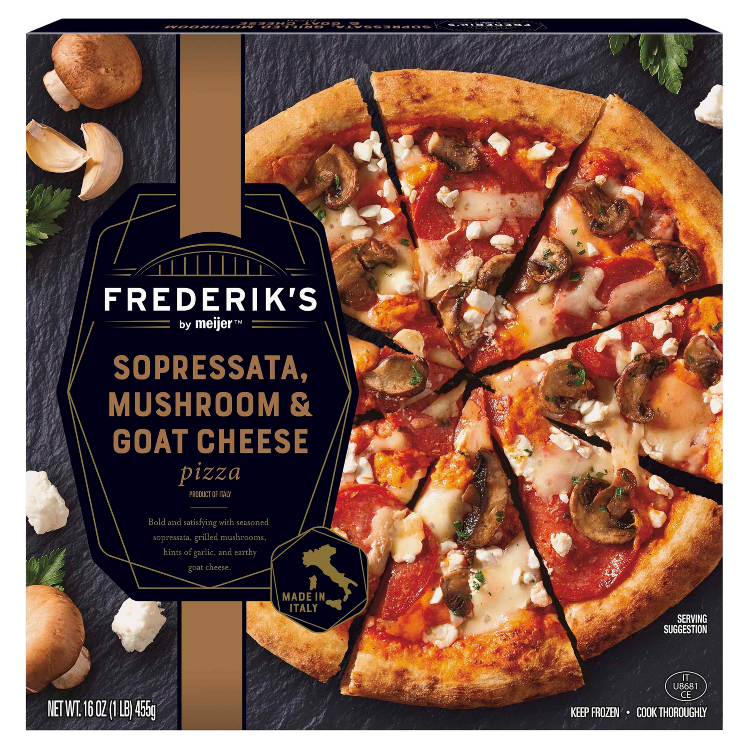 slide 1 of 8, FREDERIKS BY MEIJER Frederik's by Meijer Sopressata, Mushroom & Goat Cheese Pizza, 16 oz