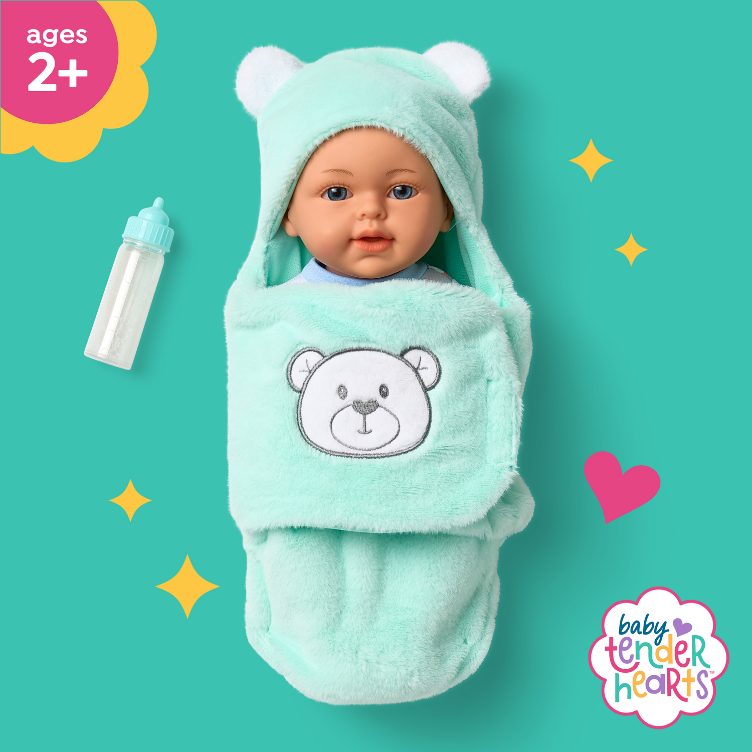 slide 3 of 3, Baby Tender Hearts Tenger New Born Baby in Swaddle, 12 in, 2 pk, Assorted Colors, 2 ct