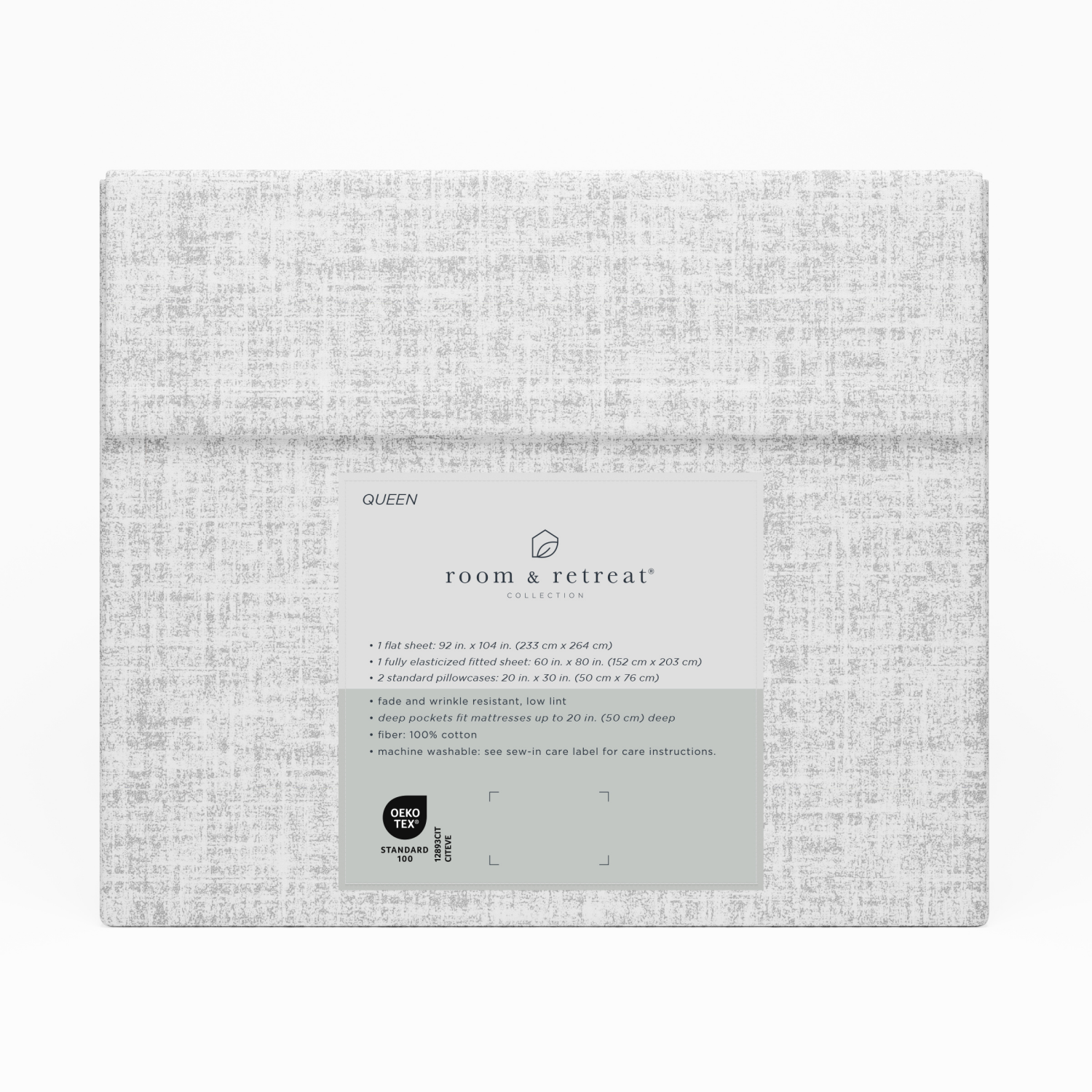 slide 3 of 3, ROOM & RETREAT RR 400 Thread Counts Sheet Set, Queen, 4 pc set, Linen Print, Quiet Gray, 4 ct